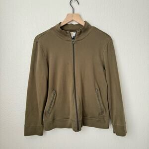 Talbots Petites Women Olive Green Cotton Zip Stretchy Sweater Jacket Size Large
